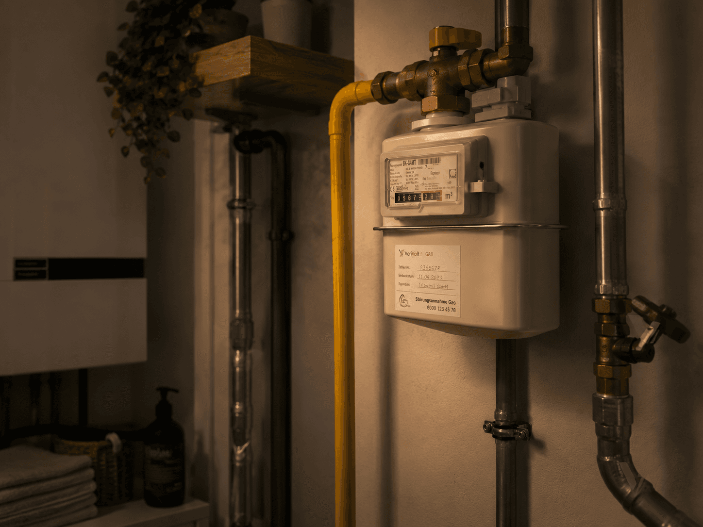 Gaszähler mit Absperrhahn an der Hauswand im warmen Licht