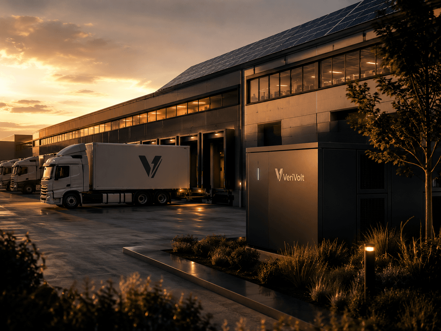 Gewerbebetrieb mit LKW-Flotte und Photovoltaik auf der Lagerhalle im Abendlicht, VeriVolt-Branding