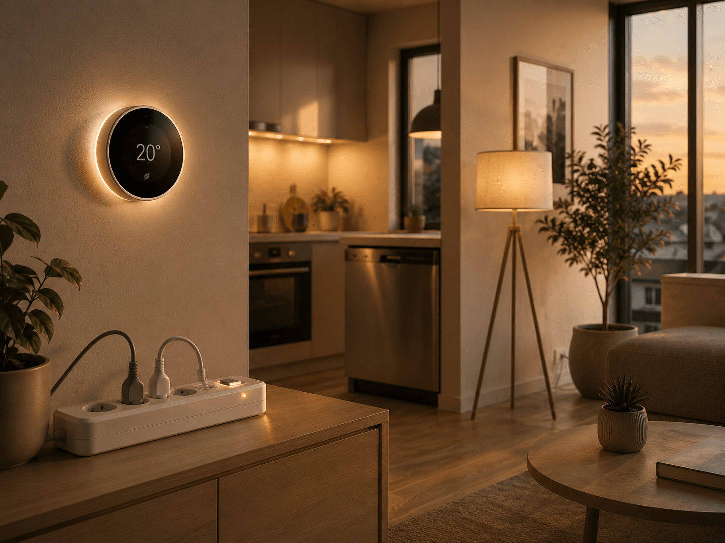 Moderne Wohnung mit smartem Raumthermostat und abschaltbarer Steckdosenleiste