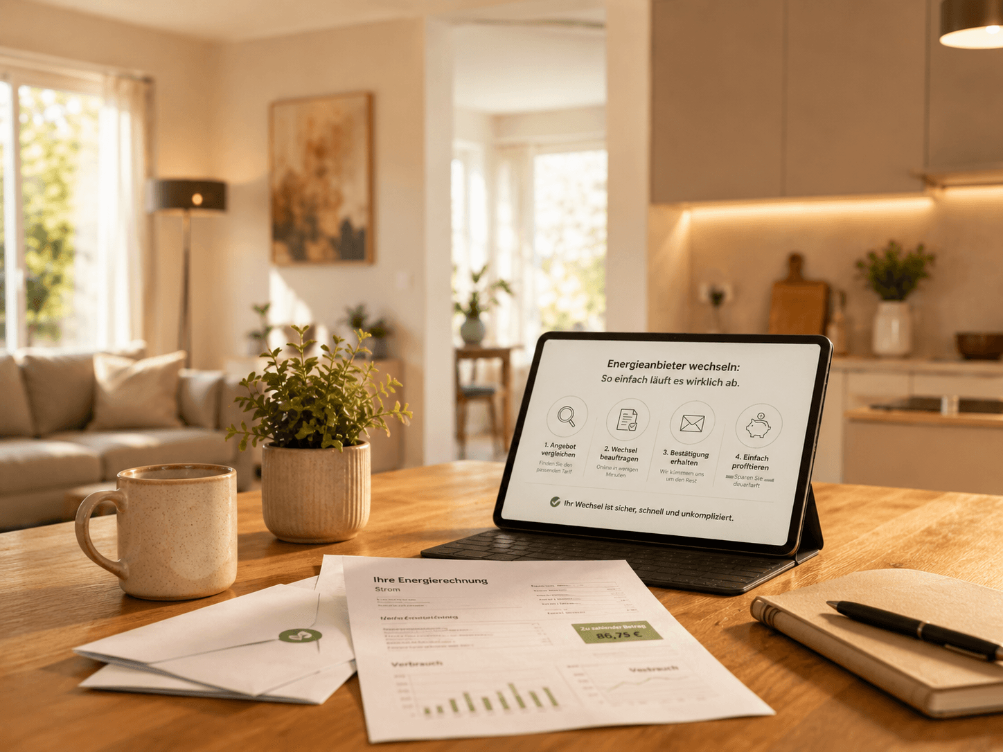 Tablet zeigt den Energieanbieter-Wechsel Schritt für Schritt, daneben Unterlagen auf dem Tisch