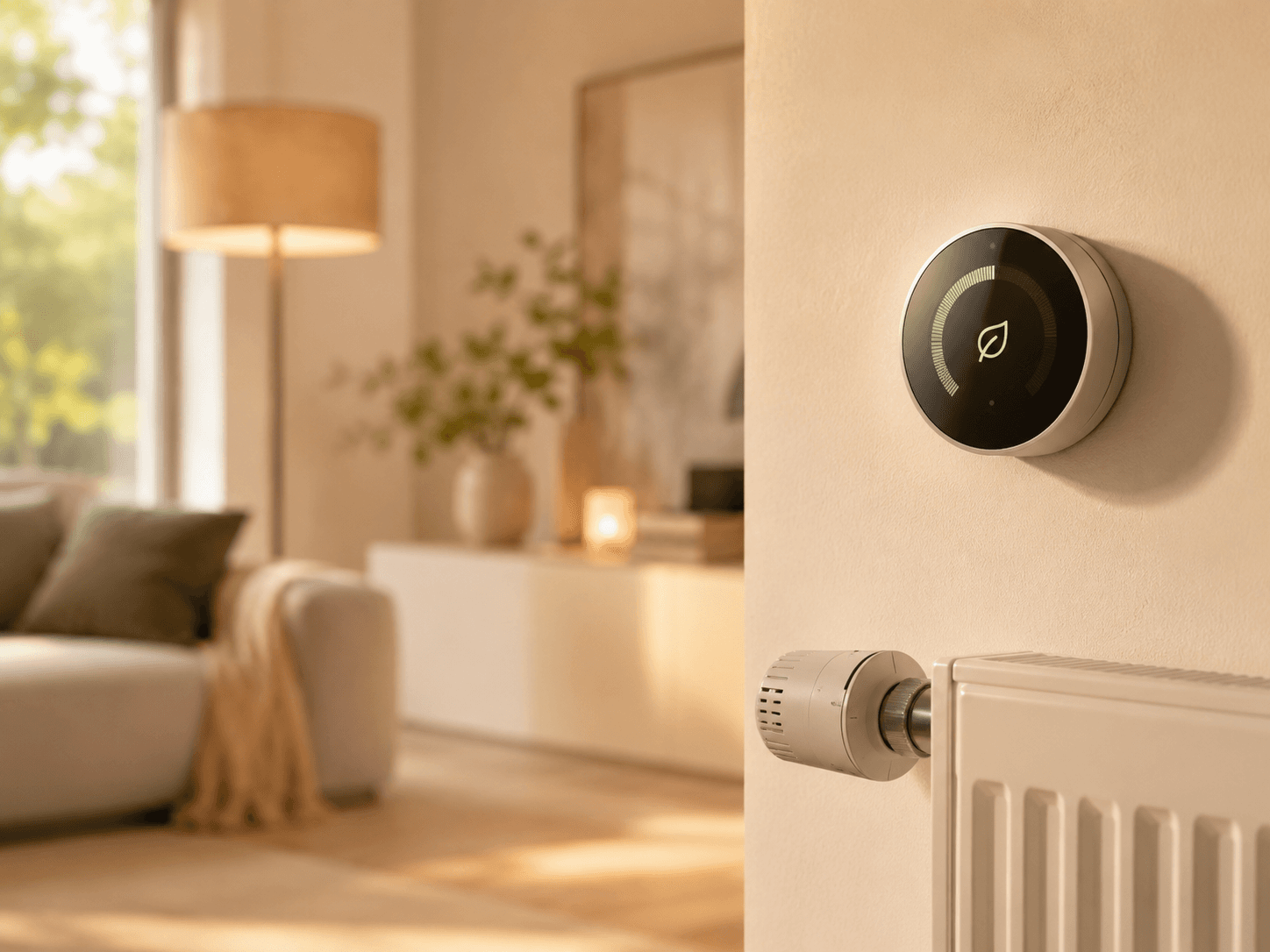 Smartes Heizthermostat an der Wand und Thermostatventil am Heizkörper im Wohnraum