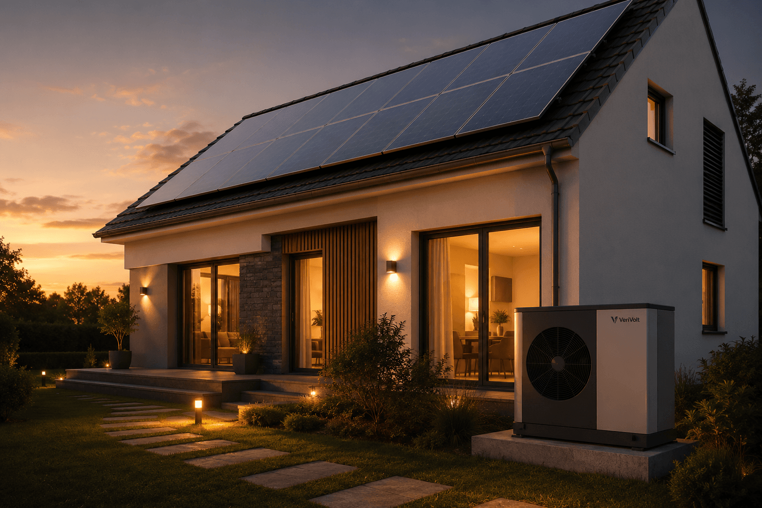 Wärmepumpe an einem modernen Wohnhaus mit Photovoltaik-Dach in der Dämmerung
